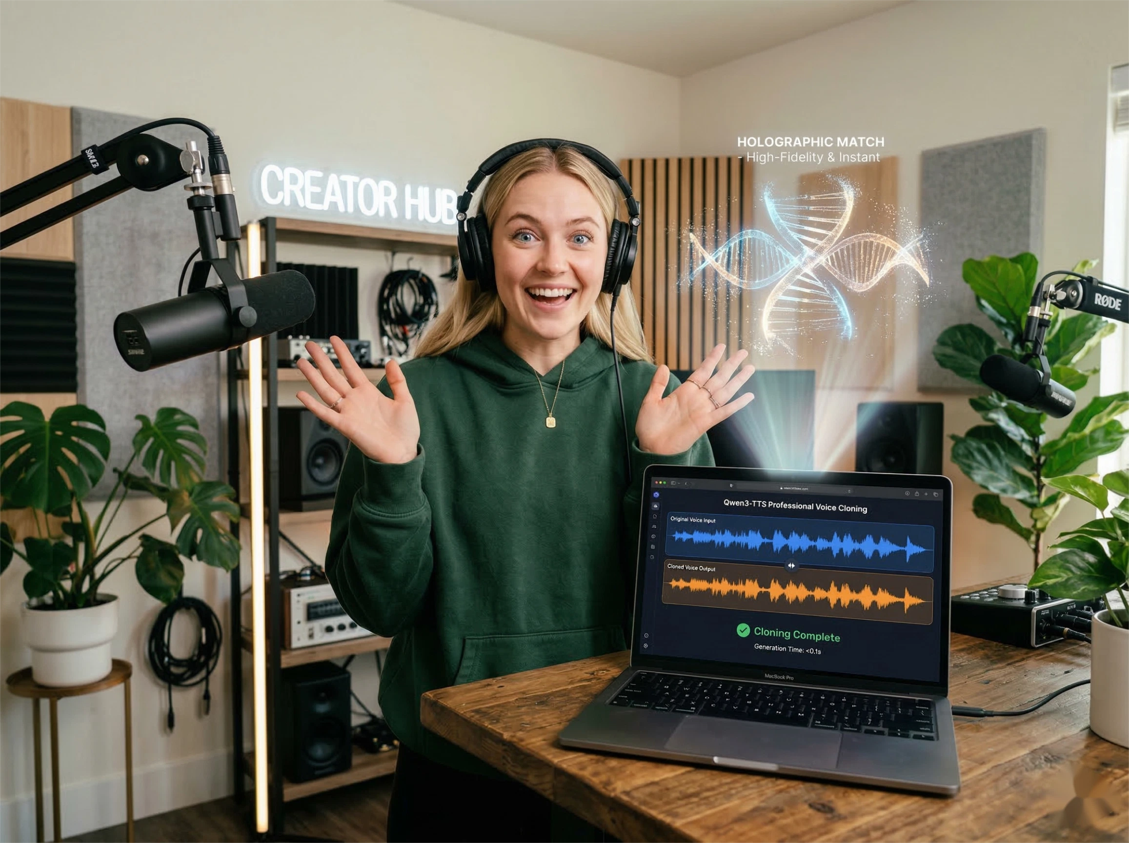 A professional female podcaster in a studio reacts with excitement as her laptop displays a high-fidelity holographic soundwave, amazed by the flawless voice cloning generated by Qwen3-TTS.