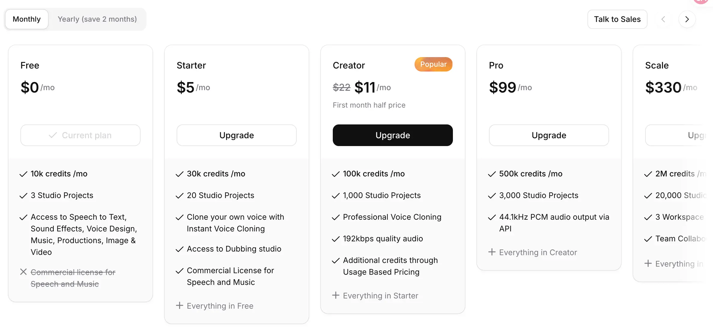 ElevenLabs pricing page showing Starter at 5 dollars Creator at 22 dollars and Pro at 99 dollars per month
