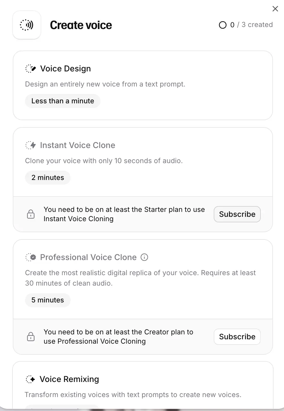 ElevenLabs Create Voice page showing Instant Voice Clone locked behind Starter plan subscription