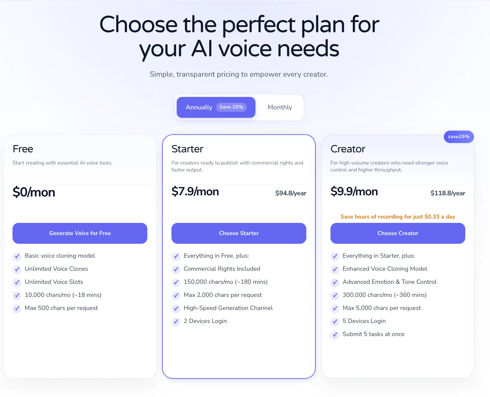 Quasar Voice pricing page showing Free plan with unlimited cloning and Starter at 7.90 dollars for 150K characters