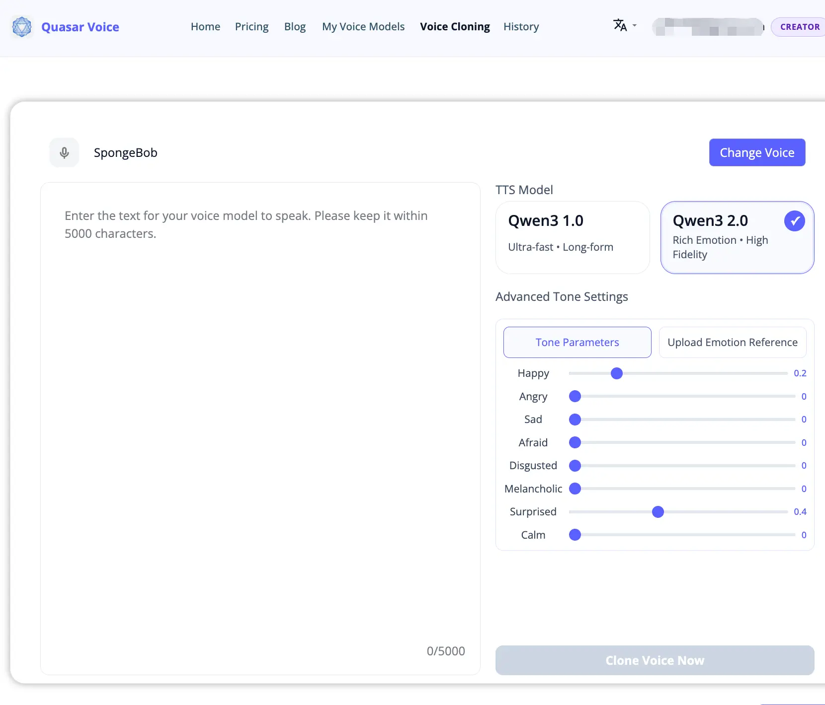 Voice cloning page on Mac browser showing text input Qwen3 2.0 model selection and 8 emotion tone sliders