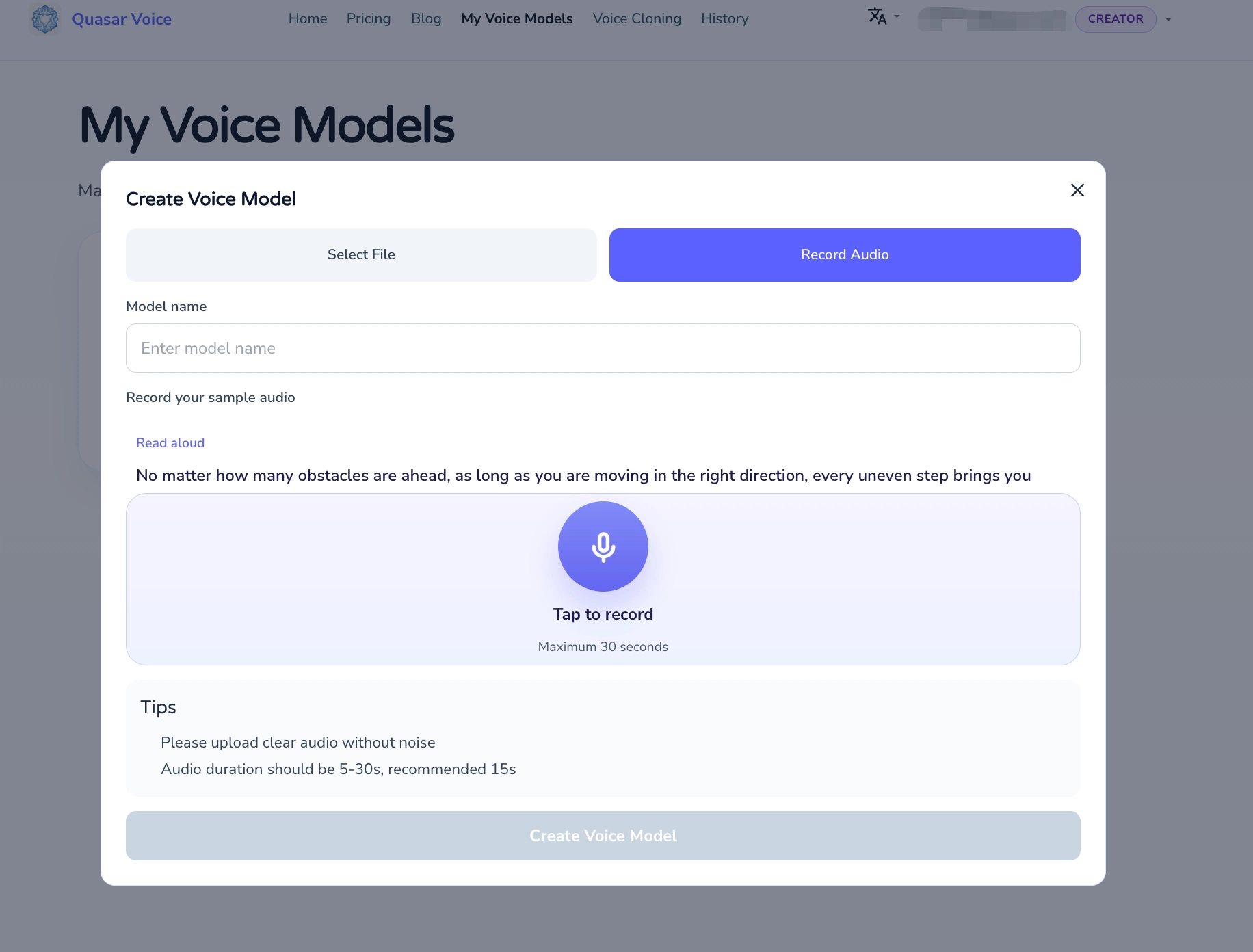 Create Voice Model dialog on Mac showing Record Audio tab with Tap to record button and read aloud script prompt