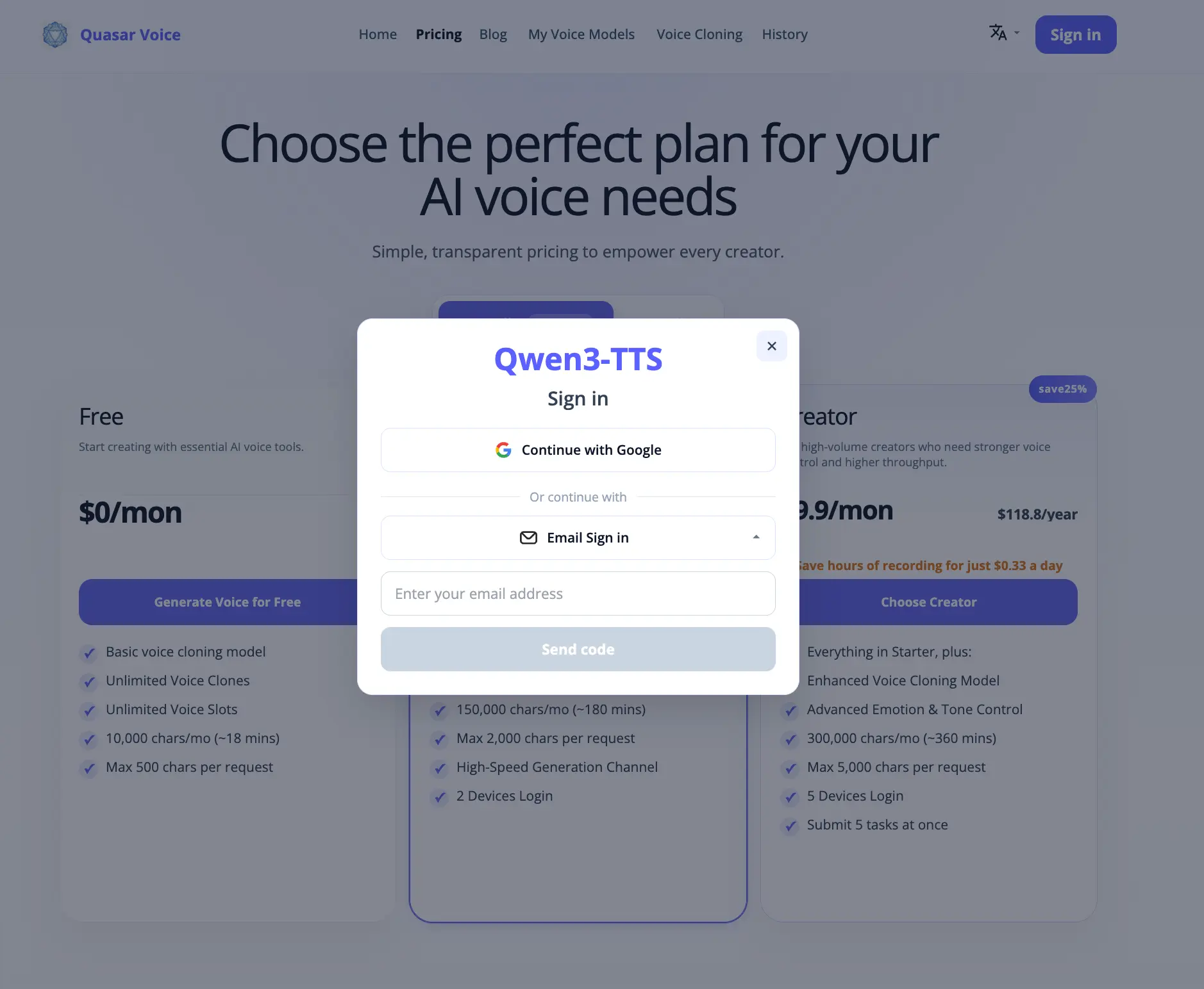 Quasar Voice sign-in page on Safari browser with free plan showing in background