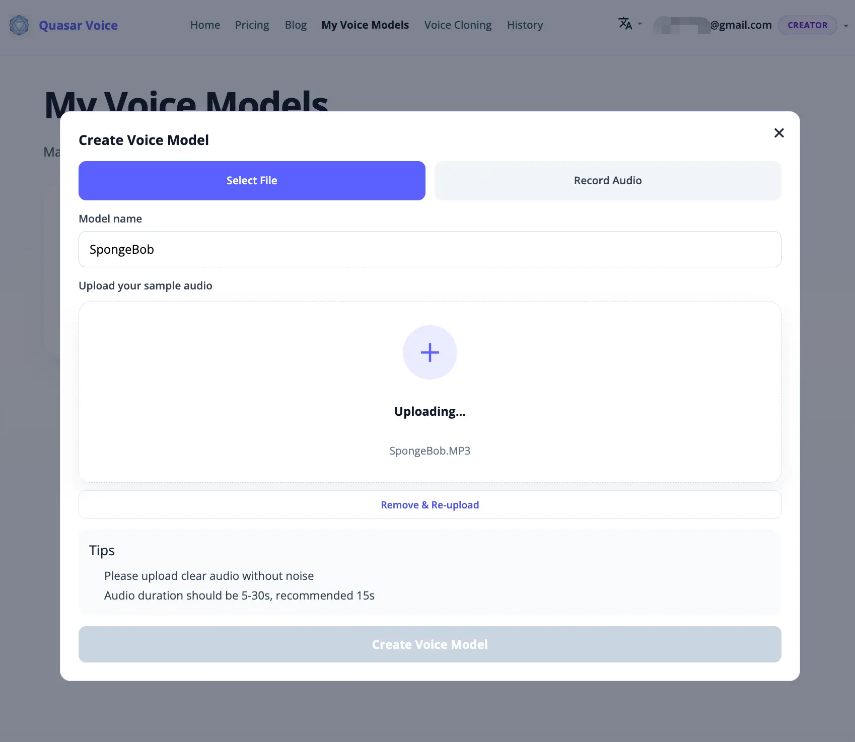 Create Voice Model dialog on Mac showing Select File tab active with drag and drop audio upload area supporting MP3 WAV M4A