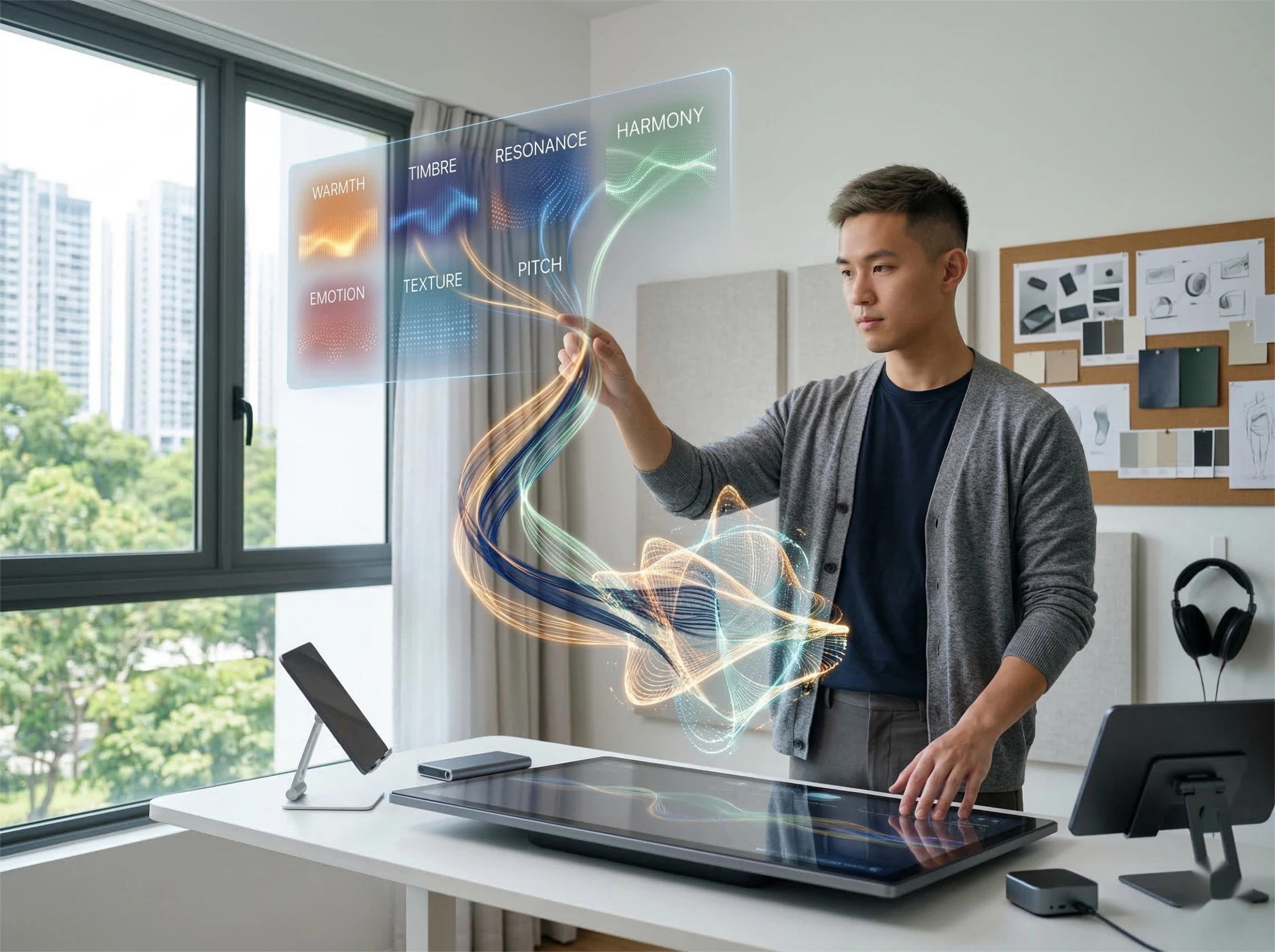 A male creator at his desk uses a futuristic holographic touch panel to select voice and emotion tags, experiencing how Qwen3-TTS creates a custom AI voice entirely from scratch.