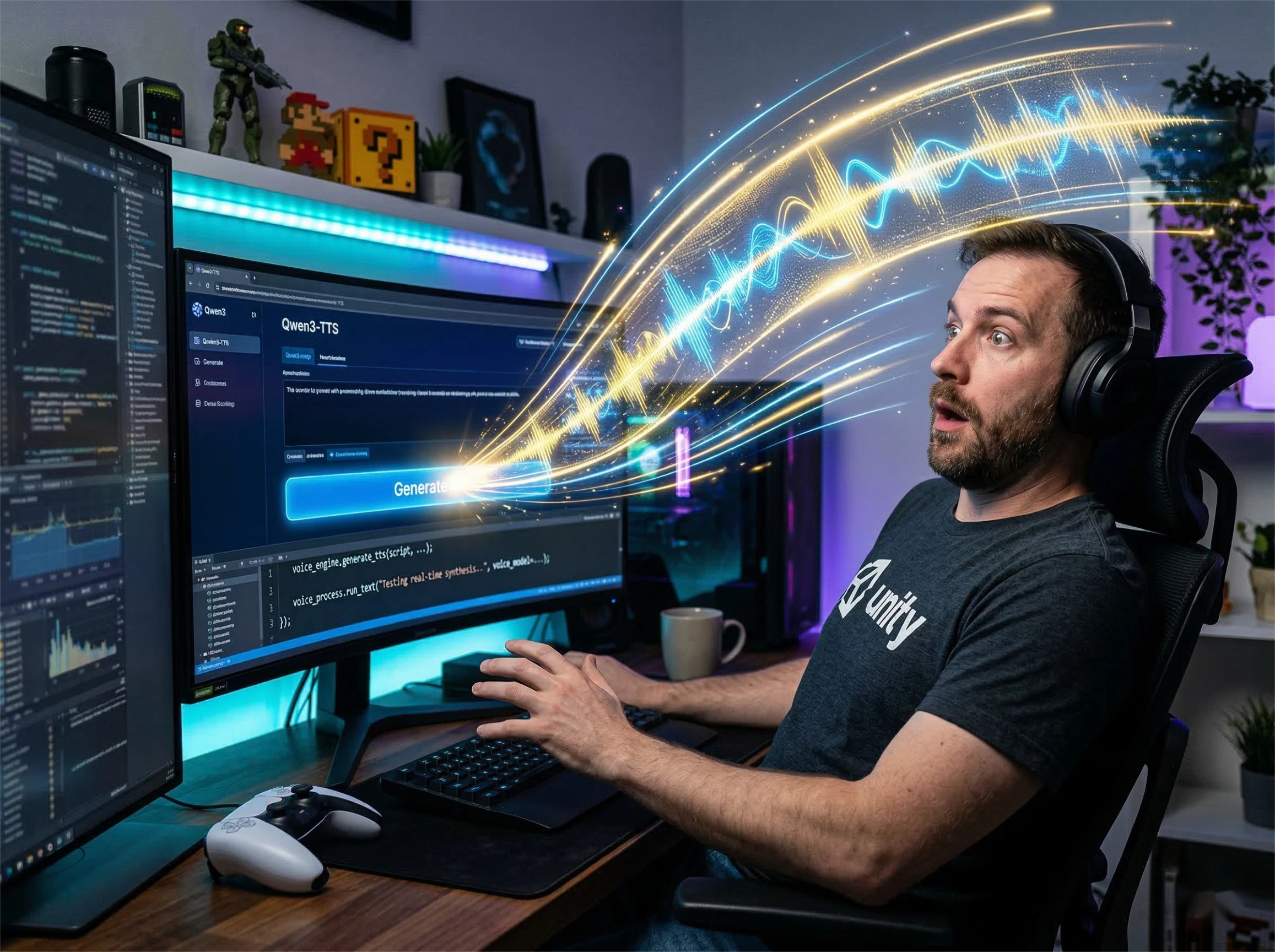 A male developer is blown away by the real-time speed of Qwen3-TTS, as clicking the generate button instantly releases a glowing, futuristic soundwave, showcasing ultra-low latency voice cloning.