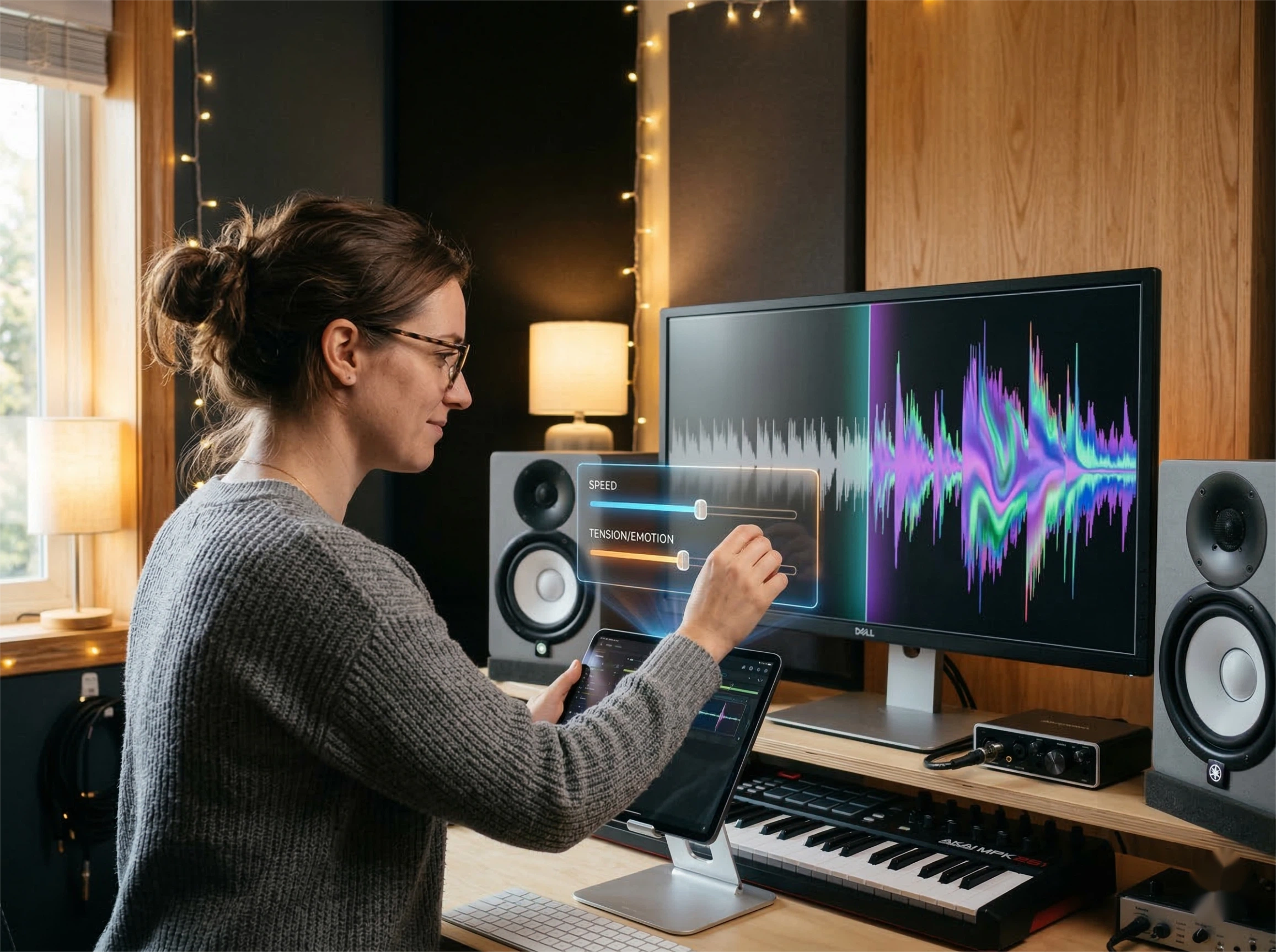 A female audio producer at a mixing station precisely adjusts speed and emotional tension via a floating holographic slider, infusing her qwen3 tts project with lifelike emotion to replace robotic text to speech.